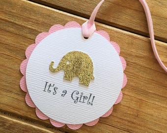 12 Elephant Tags, Elephant Favor Tags, Elephant Baby Shower, Elephant Thank You Tag, It's a girl, gold elephant, Pink and Gold baby shower
