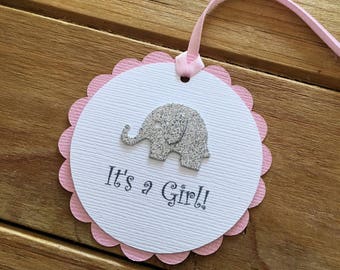 12 Elephant Tags, Elephant Favor Tags, Elephant Baby Shower, Elephant Thank You Tag, It's a girl, silver elephant, Pink and silver party