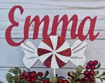 Custom Name Peppermint Cake Topper, Personalized Cake Topper, Christmas Birthday, Holiday party, Glitter Cake Topper