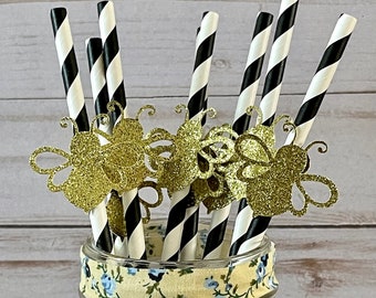 Bumble Bee Paper Straws: Glitter Bee Party Decor (Set of 10)