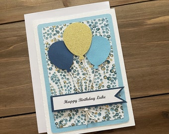 Handmade Balloon Birthday Card, Personalized Card, Balloon Card, Birthday Card, Card for Him, Blue Birthday Card, Boy Birthday Card