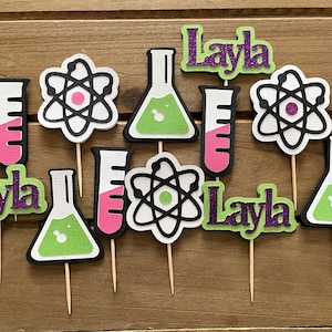 Custom Science Cupcake Toppers, Science Party, Science Birthday, Mad Scientist Birthday, Beaker, Test Tube Cake, Atom Cupcake topper, Girl