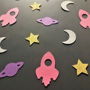 Outer Space Confetti, Space Birthday, Planet Confetti, 1st Trip aound the sun, Space Baby Shower, Pink Rocket Confetti, Star Moon, Moon Star