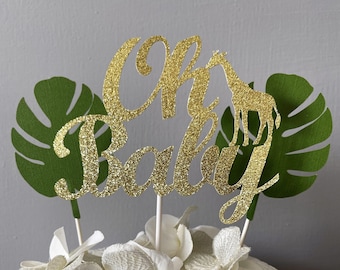 Glitter Gold Safari Cake Topper: Giraffe, Monstera Leaves - Oh Baby