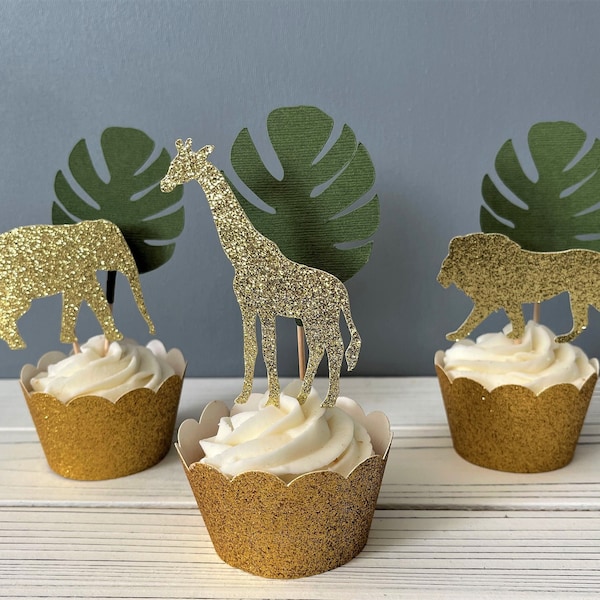 Safari Jungle Cupcake Toppers - Baby Shower Decor - Giraffe - Lion - Elephant Party - Birthday Celebration - Wild One - Monstera Leaves