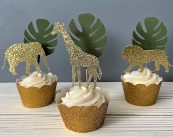 Glitter Safari Cupcake Toppers: Lion, Elephant, Giraffe - Baby Shower and Party Decor