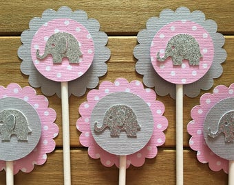 12 Elephant Cupcake Toppers, Elephant Cake Topper, Elephant Baby Shower, Elephant decoration, elephant party decoration, It's a girl