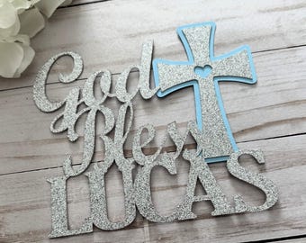 Glitter God Bless Cake Topper: Custom Name Baptism Communion Cross Decorations