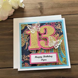 Handmade Butterfly Birthday Card for her, 13th, 21st, 30, 50th, 75th, 80, Custom Age, Personalized