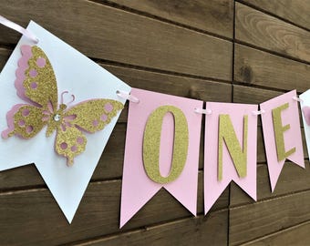 Butterfly Birthday Banner: Pink & Gold Glitter Baby Shower and Birthday Party Decor