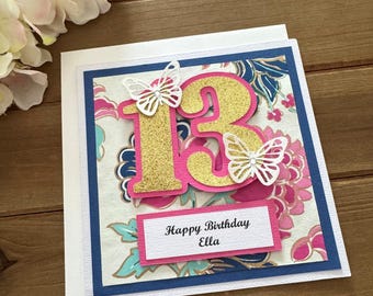 Handmade Butterfly Birthday Card: Custom Age and Greeting, Flowers Glitter Detail