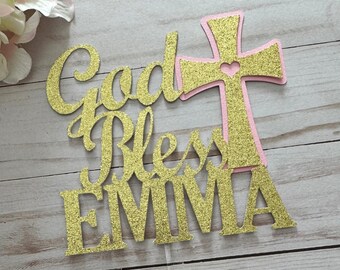 Glitter God Bless Cake Topper: Custom Name Baptism Communion Cross Decorations