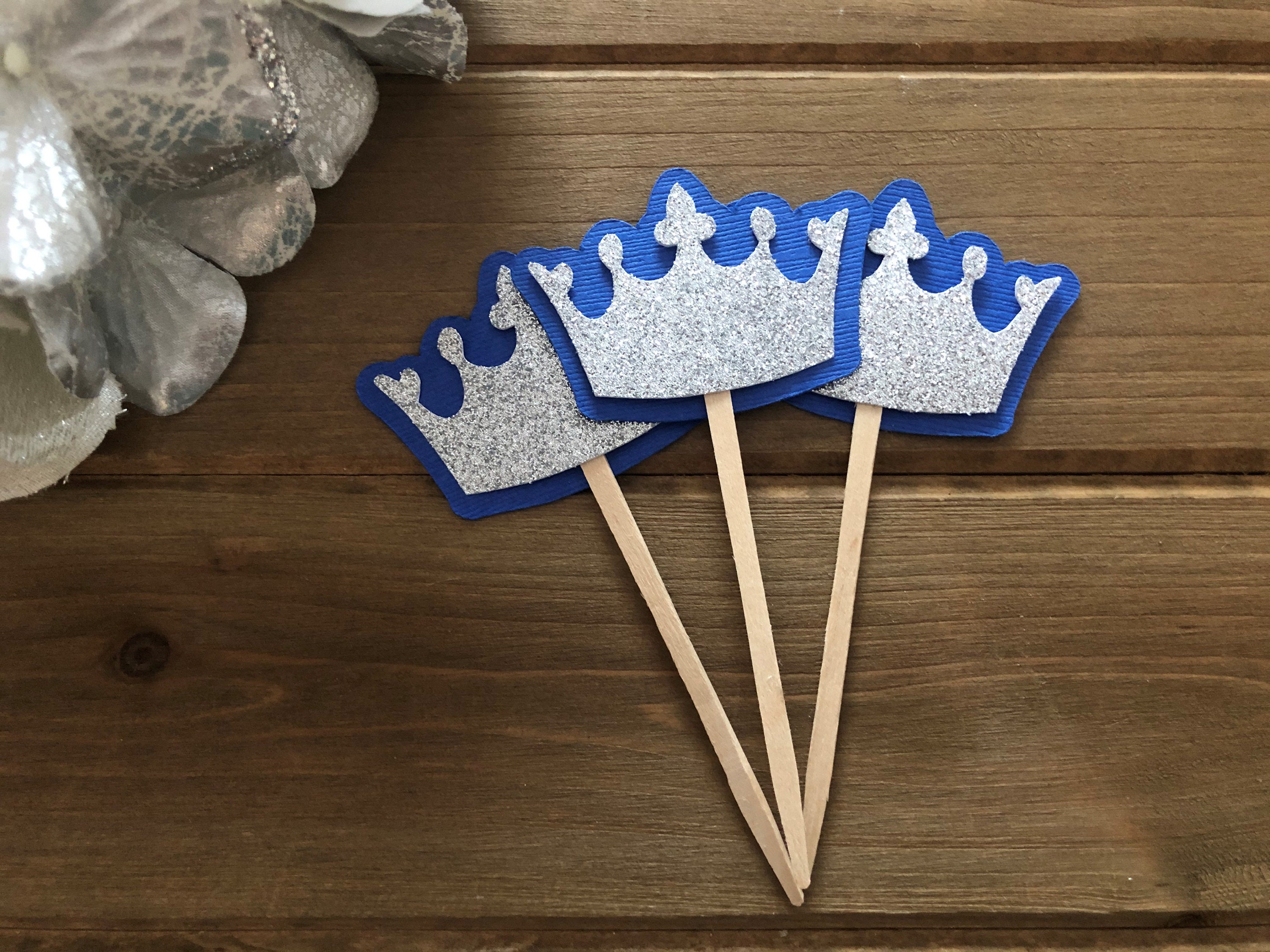 25-Piece King & Prince Crown Cake Toppers – Blue Glitter Cupcake Decor For Boy Birthdays, Baby Showers & Gender Reveals - View #11