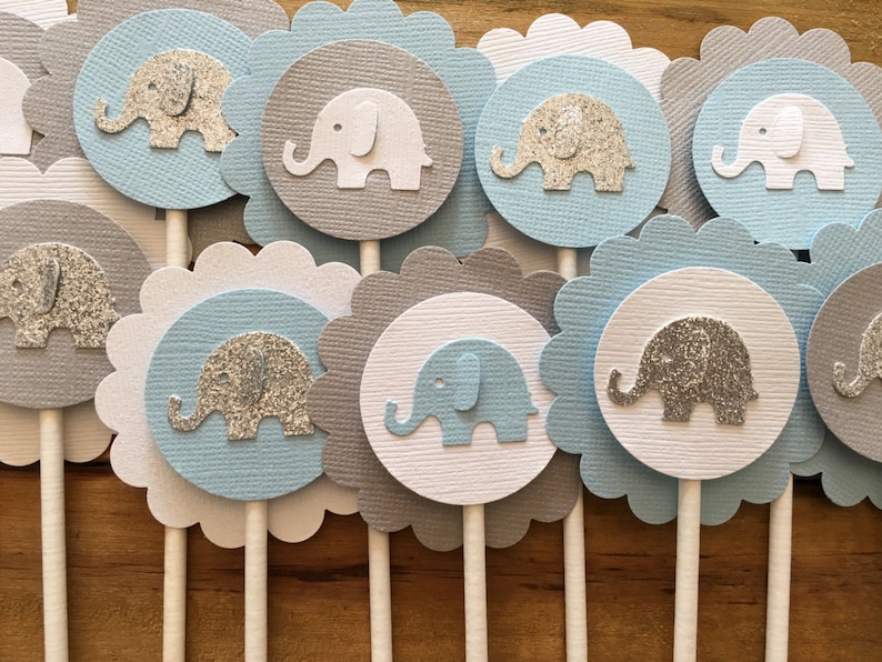 12 Elephant Cupcake Toppers, Elephant Cake Topper, Elephant Baby Shower, Elephant decoration, elephant party decoration, It's a boy image 1