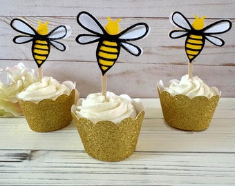 3D Bee Cupcake Toppers: Glitter Bumblebee Party Decorations - Set of 12