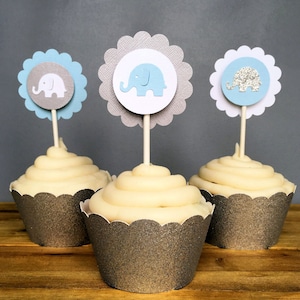 12 Elephant Cupcake Toppers, Elephant Cake Topper, Elephant Baby Shower, Elephant decoration, elephant party decoration, It's a boy image 2