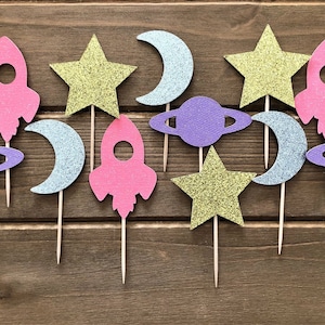 Outer Space Cupcake Toppers, Space Birthday, Planet cupcake, 1st Trip around the sun, Space Baby Shower, Rocket Cupcake, Star, Moon, Girl