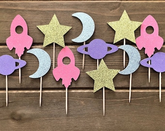 Space Cupcake Toppers: Glitter Star, Moon, Rocket & Planet Party and Shower Decorations