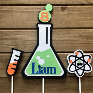 Personalized Science Birthday Cake Topper: Flask, Beaker, Test Tube & Atom