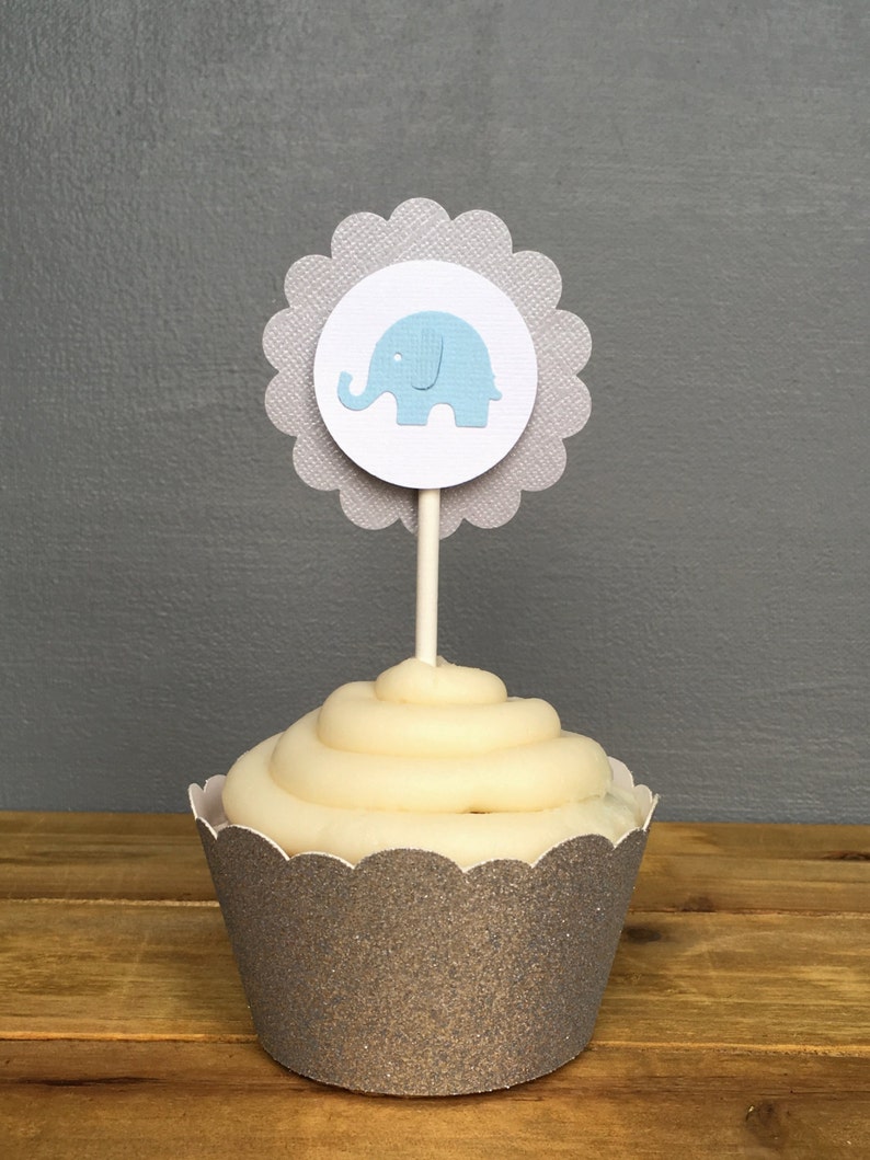 12 Elephant Cupcake Toppers, Elephant Cake Topper, Elephant Baby Shower, Elephant decoration, elephant party decoration, It's a boy image 4