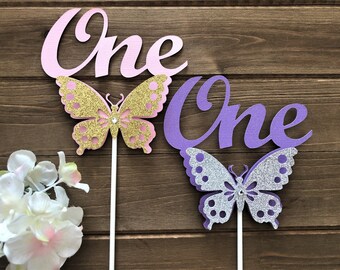 Butterfly First Birthday Cake Topper: Glitter One Cake Stick