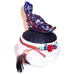 May include: A small, white ceramic jar with a brown leather band and turquoise and red beads. The lid is a brown ceramic bird with blue and green accents.