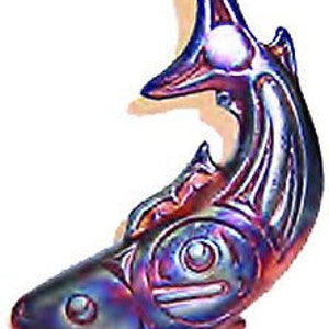 May include: A small, iridescent blue and purple glass sculpture of a stylized salmon fish. The fish is leaping out of the water with its tail raised high. The sculpture has a detailed design with intricate lines and patterns.
