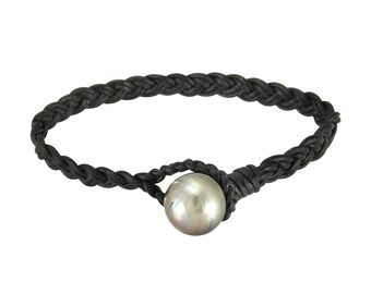 14mm Genuine Baroque Tahitian Pearl in Braided Black Greek Leather Bracelet 7"