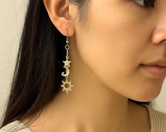Niebiańskie wiszące kolczyki: słońce, księżyc i gwiazdy – Cosmic Jewelry