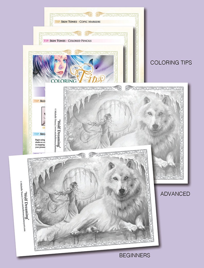 GRAYSCALE COLORING PAGE 'Wolf Dreaming' Wolf Coloring Page, Fantasy, Goddess, Moon, Grayscale Coloring Page for Adults, pdf, jpg image 2