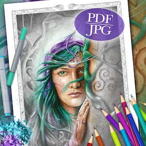 GRAYSCALE COLORING PAGE &#39;Celtic Wisdom&#39; - Fantasy, Goddesses, Face, Grayscale Coloring For Adults, pdf, jpg