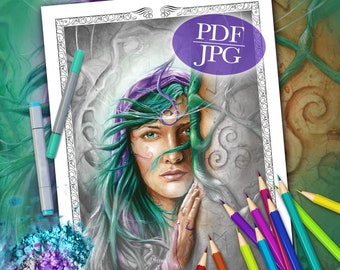 GRAYSCALE COLORING PAGE 'Celtic Wisdom' - Fantasy, Goddesses, Face, Grayscale Coloring For Adults, pdf, jpg