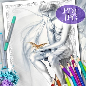 PAGE DE COLORIAGE EN NIVEAUX DE GRIS 'Amitié' - Fantasy, Fairy, Butterfly, Grayscale Coloring Page For Adults, pdf, jpg