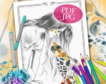 Giraffe Totem Grayscale Coloring Page: Fantasy Animal Art (PDF, JPG)