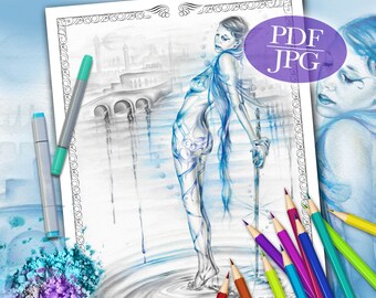 Lady of the Lake Grayscale Coloring Page: Fantasy Goddess (PDF, JPG)