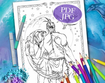 FANTASY COLORING PAGE  'Always Beside You' - Angel, Moon, Native American, Crow, Raven, Coloring Pages for Adults, Printable, pdf, jpg