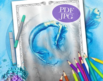 Meerjungfrau Graustufen Malseite: Fantasy Ocean Art (PDF & JPG)
