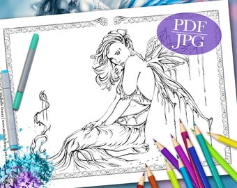 FAIRY COLORING PAGE  'Light in the Darkness' - Fantasy, Fairy, Coloring Pages for Adults, Coloring Books, Printable Download, pdf, jpg