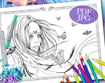 FAIRY COLORING PAGE  'Fairies Cry Too' - Fantasy, Fairies, Butterflies, Faces, Coloring Pages for Adults, Printable Download, pdf, jpg