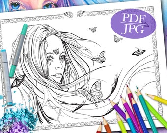 FAIRY COLORING PAGE  'Fairies Cry Too' - Fantasy, Fairies, Butterflies, Faces, Coloring Pages for Adults, Printable Download, pdf, jpg