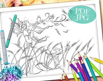 FAIRY COLORING PAGE 'Sienna And The Deer Grace Autumn' - Fantasy, Fairy, Deer, Fawn, Crow, Coloring Pages for Adults, pdf, jpg