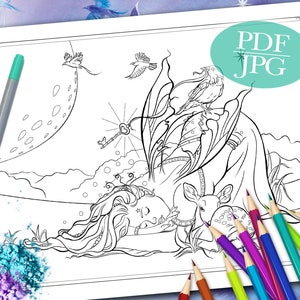 FAIRY COLORING PAGE &#39;Sienna And The Deer In Dream Time&#39; - Fantasy, Fairy, Crow, Raven, Deer, Moon, Coloring Pages for Adults, pdf, jpg
