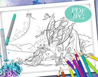 FAIRY COLORING PAGE 'Sienna And The Deer In Dream Time' - Fantasy, Fairy, Crow, Raven, Deer, Moon, Coloring Pages for Adults, pdf, jpg