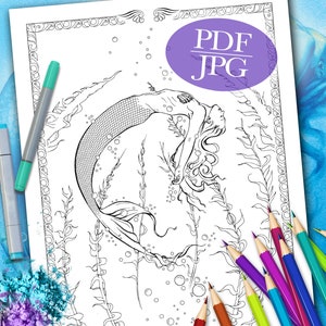 MERMAID COLORING PAGE  &#39;Surrender&#39; - Fantasy, Mermaids, Coloring Page for Adults, Coloring Books, Printable, pdf, jpg