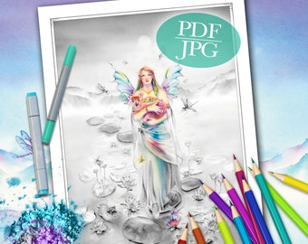 Fairy and Deer Grayscale Coloring Page: Lily Pond Fantasy (PDF, JPG)