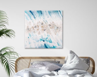 ORIGINAL ABSTRACT PAINTING "Oceans Call" | Canvas Painting | Painting With Shells & Crystals | Beach Abstract Wall Art | Fluid Art