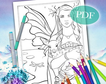 FAIRY COLORING PAGE 'Sienna Fairy No. 1' - Coloring Page for Adults, Fantasy Coloring Page, Coloring Pages Digital Download, Printable, pdf