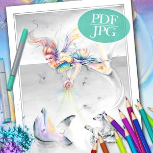 GRAYSCALE COLORING PAGE &#39;Sienna And The Deer Ocean Blessings&#39; - Fairy Coloring Page, Greyscale Coloring Page For Adults, pdf