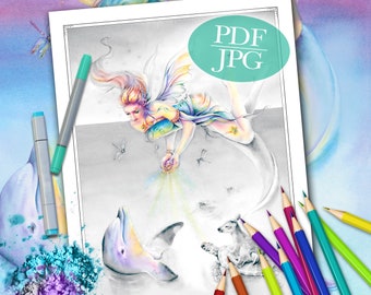 GRAYSCALE COLORING PAGE 'Sienna And The Deer Ocean Blessings' - Fairy Coloring Page, Greyscale Coloring Page For Adults, pdf