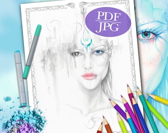 Goddess Grayscale Coloring Page: Fantasy Portrait (PDF, JPG)